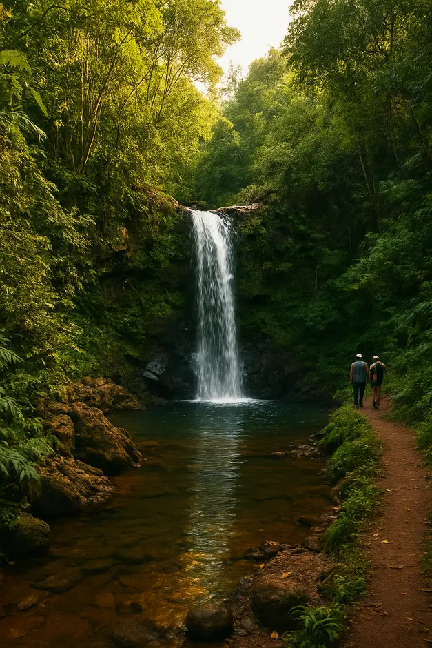 Cachoeira escondida na Bahia com queda d'água cristalina cercada por mata tropical densa e afloramentos rochosos úmidos