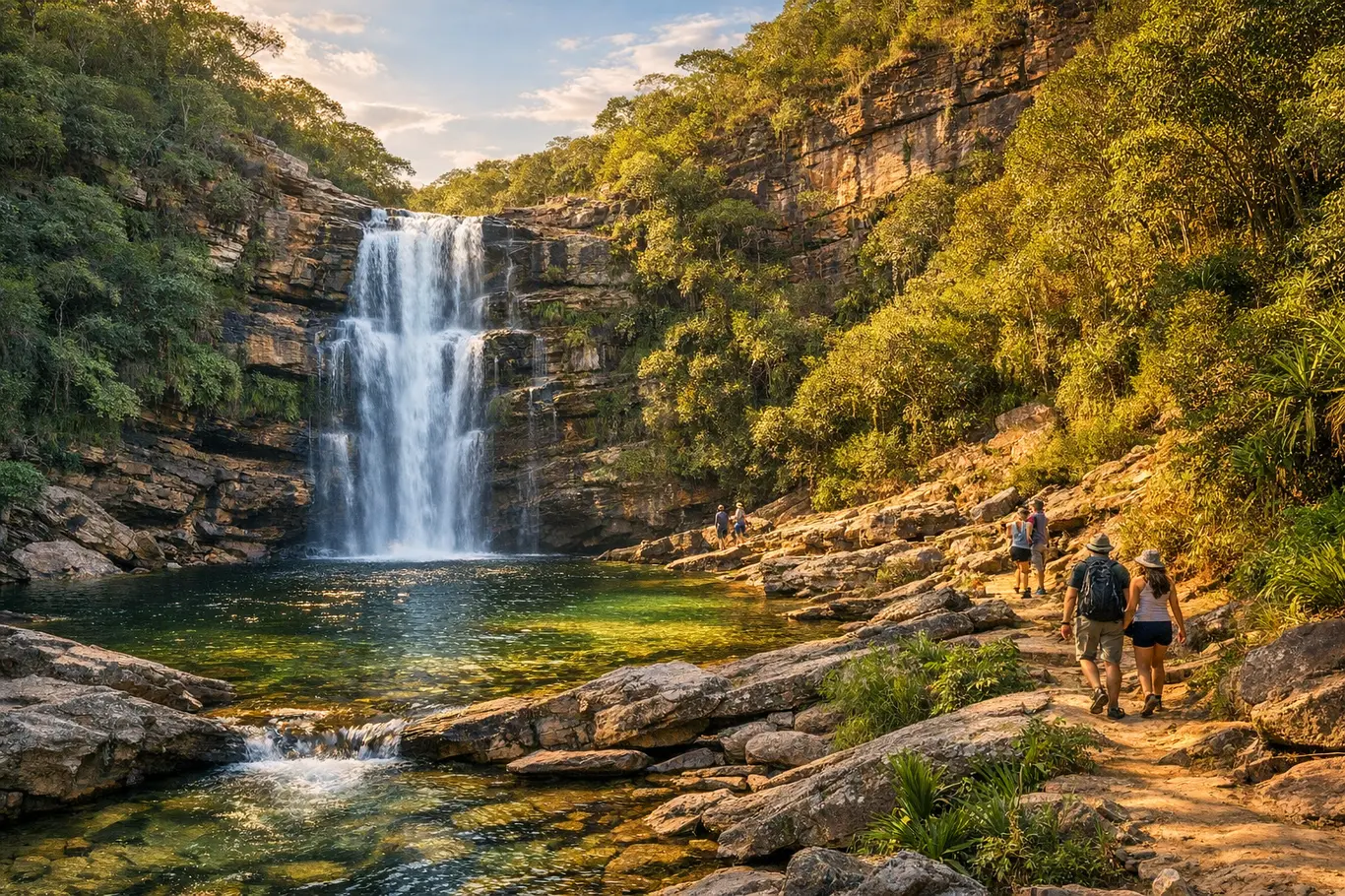 Banho de Energia: As Cachoeiras Escondidas Que Encantam Visitantes no Interior da Bahia Cachoeira escondida no interior da Bahia com água cristalina caindo sobre pedras cercadas de vegetação verdejante e turistas caminhando na trilha próxima