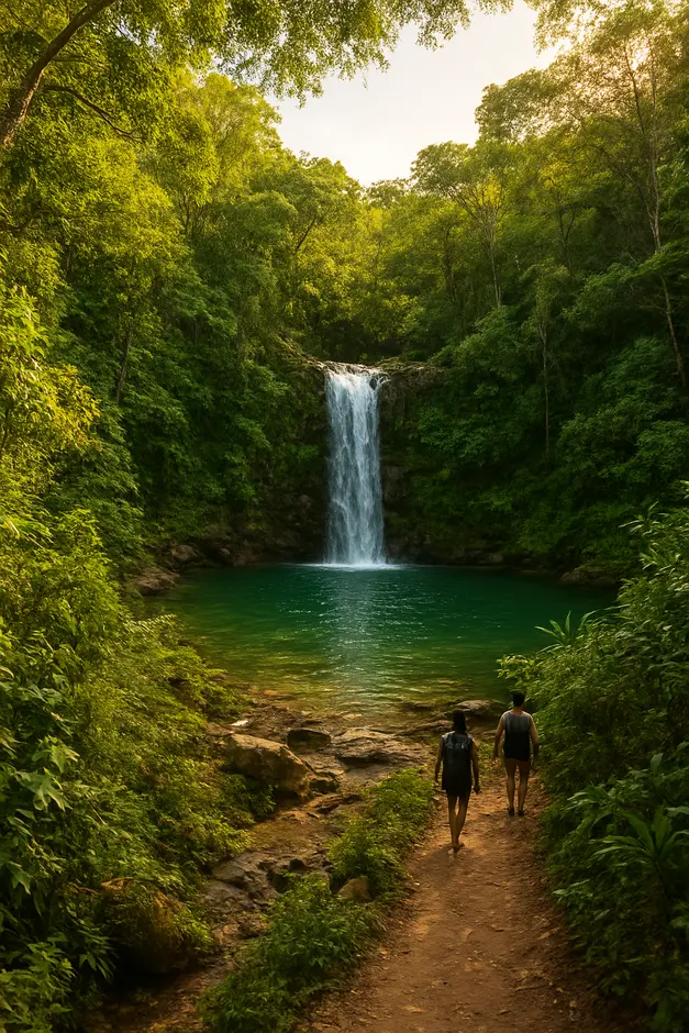 Cachoeira escondida no interior da Bahia com água cristalina esverdeada e vegetação densa ao redor sob luz dourada do fim de tarde