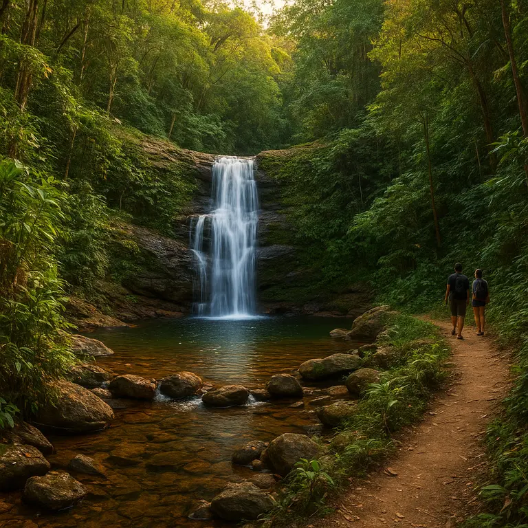Cachoeira escondida na Bahia com água cristalina descendo por afloramentos rochosos cercada por mata atlântica exuberante ao entardecer e dois turistas na trilha