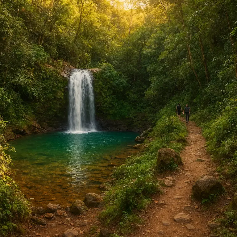 Cachoeira escondida em mata exuberante da Bahia com água cristalina esverdeada, trilha de terra estreita, vegetação densa e turistas ao longe