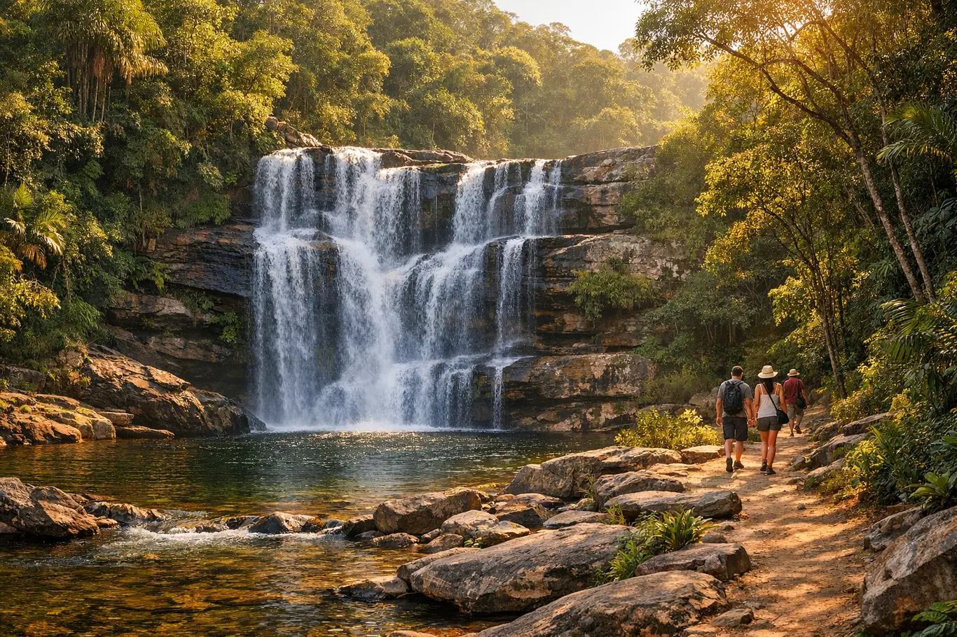 Cachoeiras Para Visitar na Bahia: 10 Quedas Que Encantam e Surpreendem Cachoeira exuberante na Bahia com águas cristalinas caindo sobre rochas naturais cercadas por vegetação tropical densa e vibrante