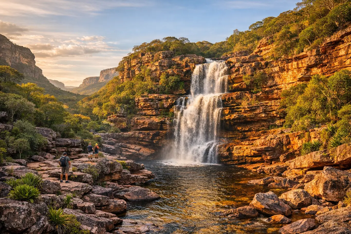 7 Cachoeiras Famosas da Chapada Diamantina Que Todo Viajante Deve Ver Cachoeira da Chapada Diamantina ao entardecer com águas cristalinas e vegetação vibrante