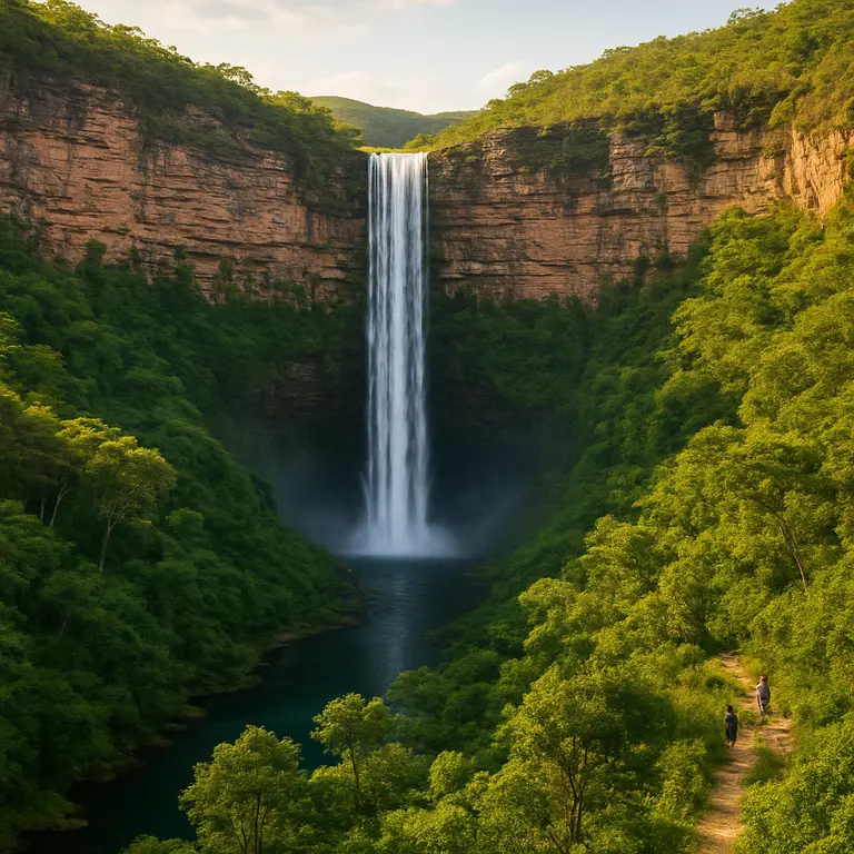 Cachoeira da Fumaça na Chapada Diamantina com névoa flutuante e mata atlântica ao entardecer