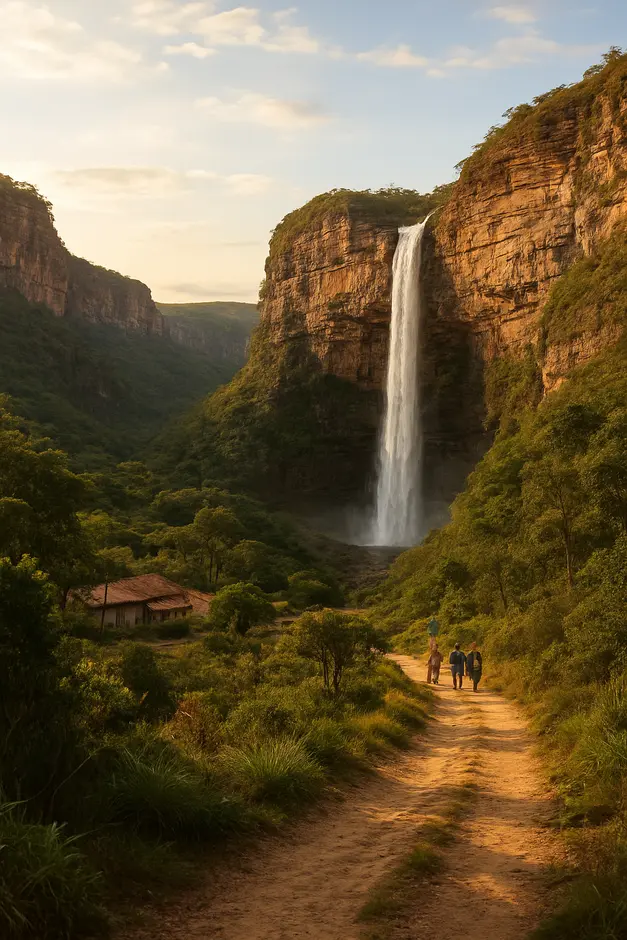 Cachoeira imponente caindo entre paredoes de pedra avermelhada na Chapada Diamantina com trilha rústica e vegetacao exuberante ao redor