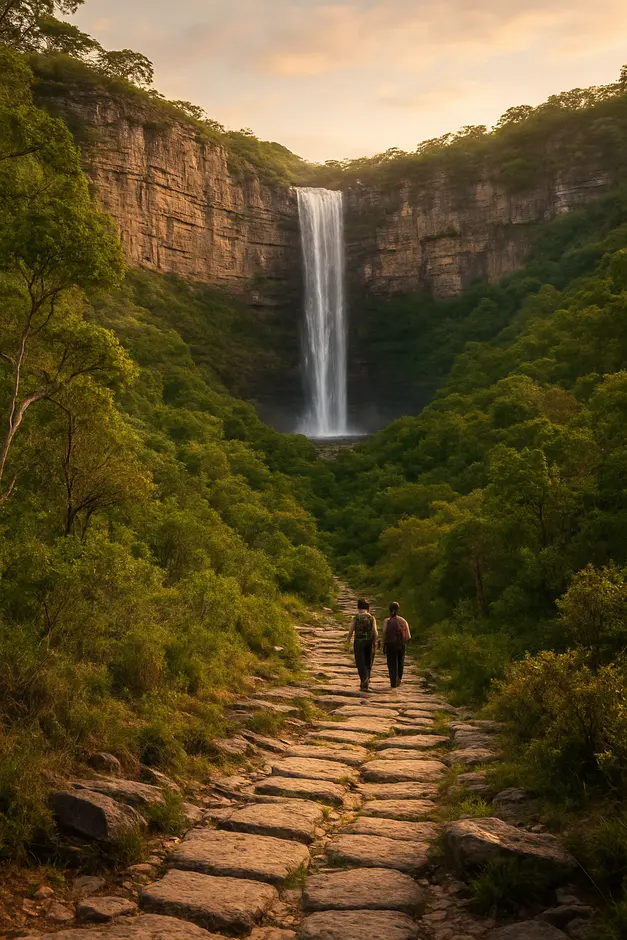 Cachoeira majestosa caindo de paredao de quartzito com vegetacao densa e trilha de pedras antigas na Chapada Diamantina ao entardecer