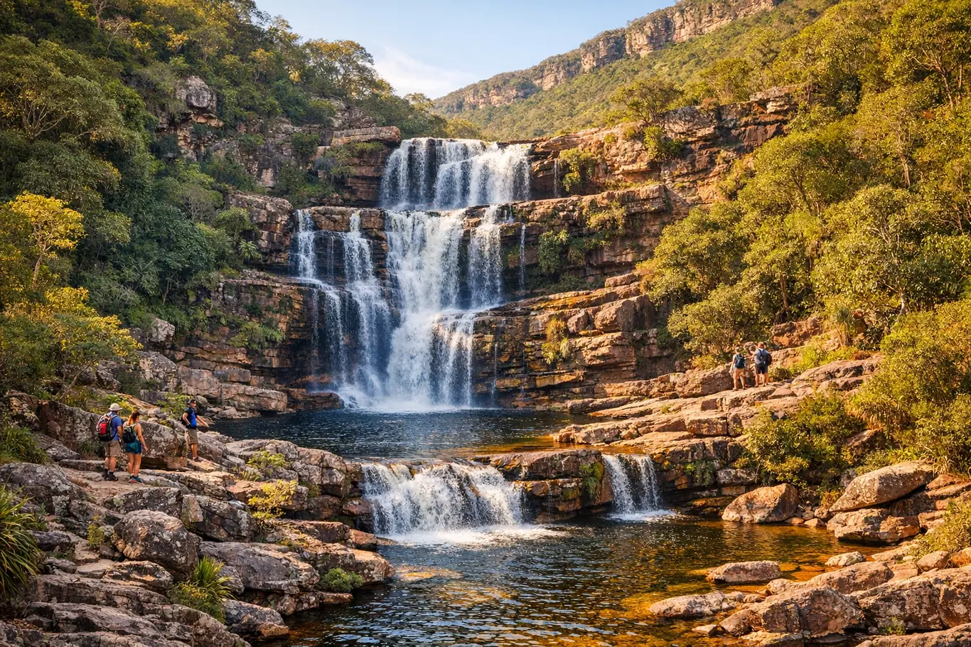Cachoeiras Impressionantes na Chapada Diamantina: 7 Quedas Que Surpreendem Cachoeira de múltiplas quedas cercada por vegetação e rochas na Chapada Diamantina com turistas em trilha próxima