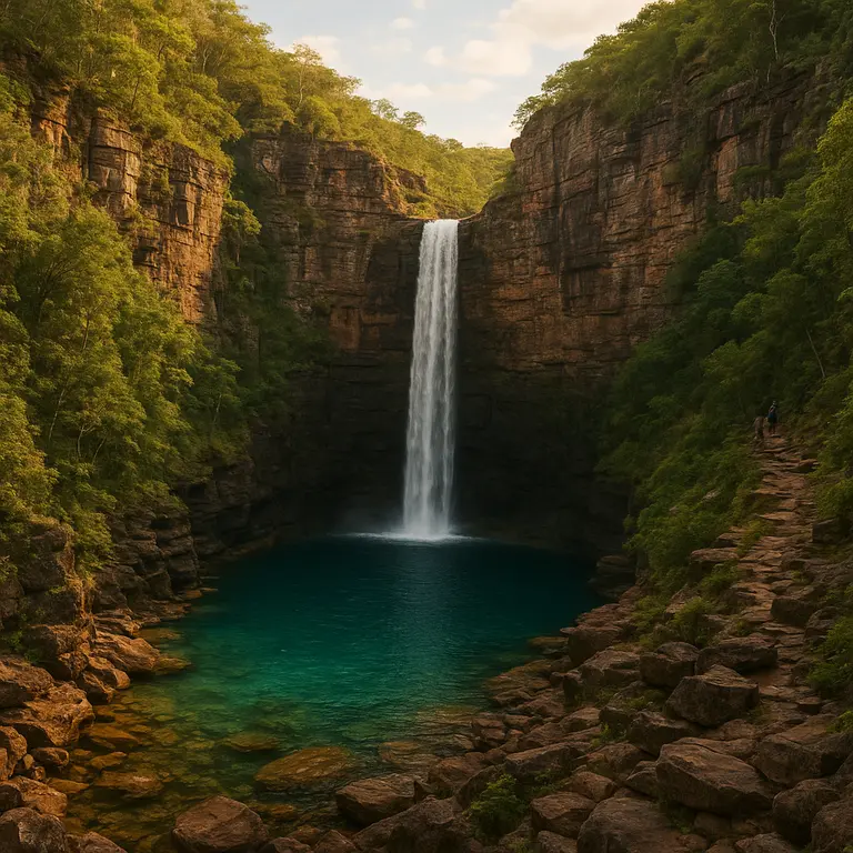 Cânion natural na Bahia com cachoeira do Buracão descendo para poço azul cercado por paredes rochosas e vegetação da mata atlântica