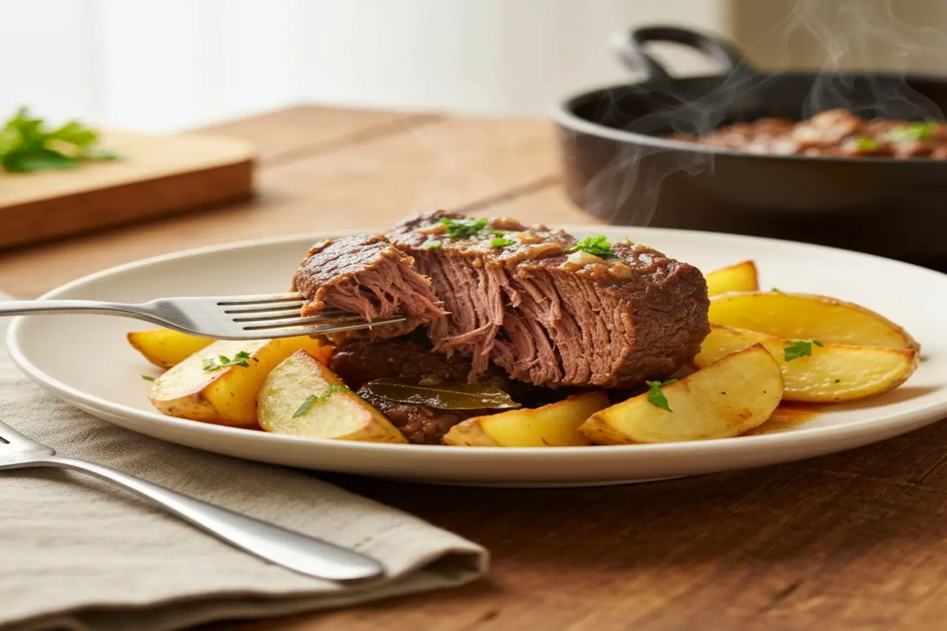 Carne de panela desfiando com batatas: o sabor da infância no prato Carne de panela desfiando com batatas: o sabor da infância no prato