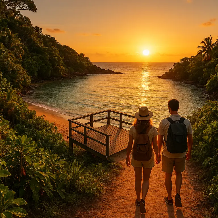 Casal caminhando de costas sobre mirante de madeira à beira de enseada com mar calmo e vegetação tropical na Bahia ao entardecer