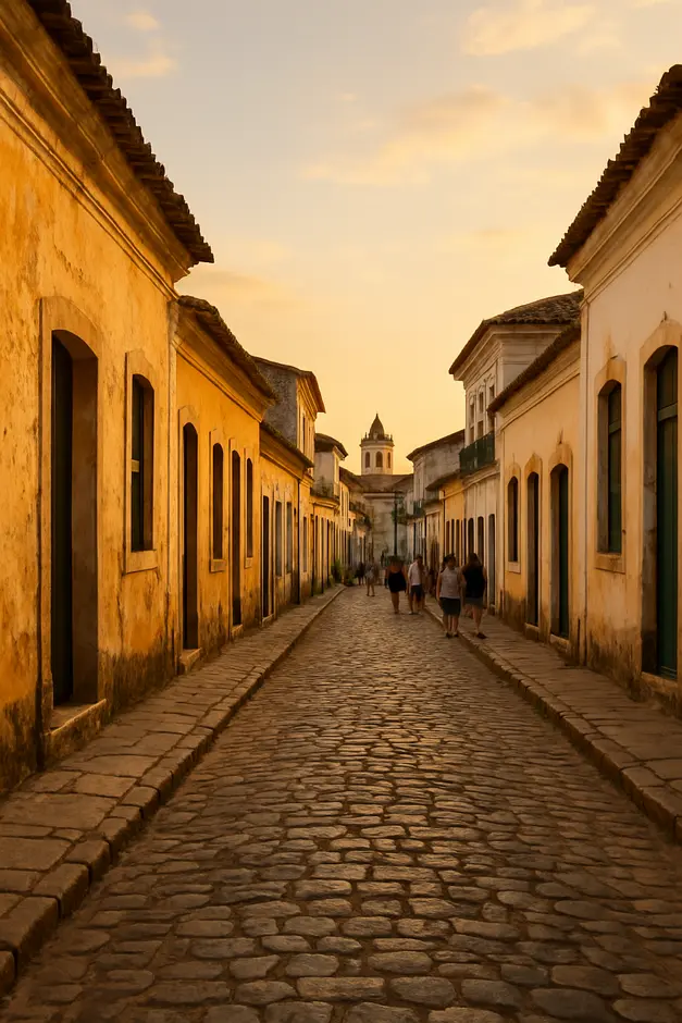 Vista ampla do centro histórico do Recôncavo Baiano ao entardecer com fachadas coloniais e ruas de paralelepípedo