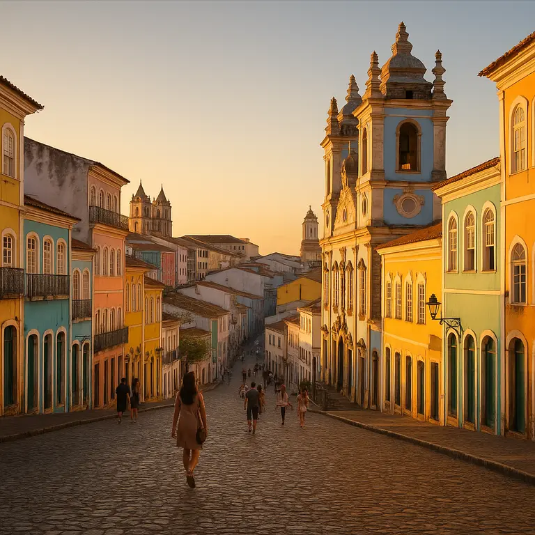 Vista ampla do centro historico de Salvador com casas coloniais coloridas, ruas de paralelepipedo e igrejas barrocas ao entardecer