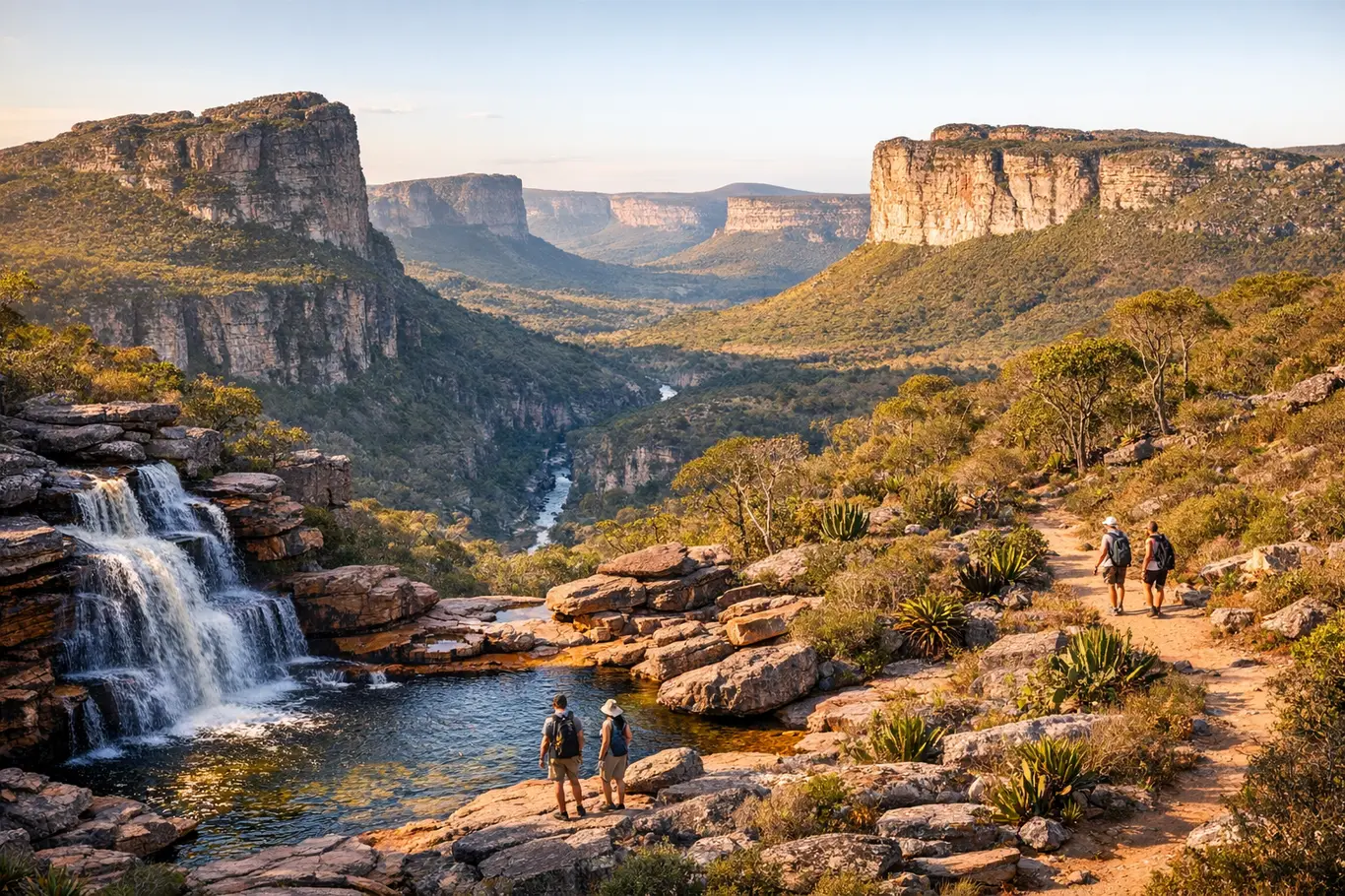 As Paisagens da Chapada Diamantina Que Vão Fazer Você Parar e Olhar Ampla paisagem natural da Chapada Diamantina com montanhas, cânions, cachoeiras e vegetação exuberante sob luz dourada do fim de tarde