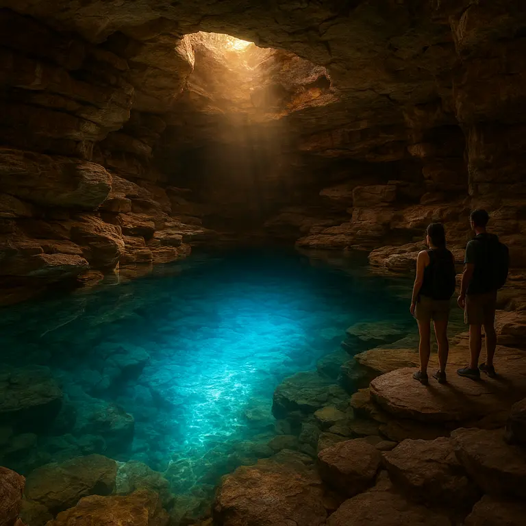 Poço cristalino dentro da caverna da Chapada Diamantina iluminado pela luz dourada do fim de tarde com turistas ao lado
