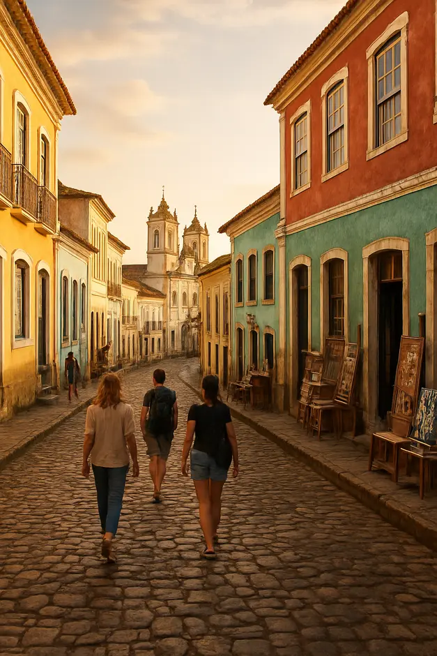 Vista ampla da cidade histórica de Cachoeira com ruas de pedras irregulares e sobrados coloniais coloridos ao entardecer