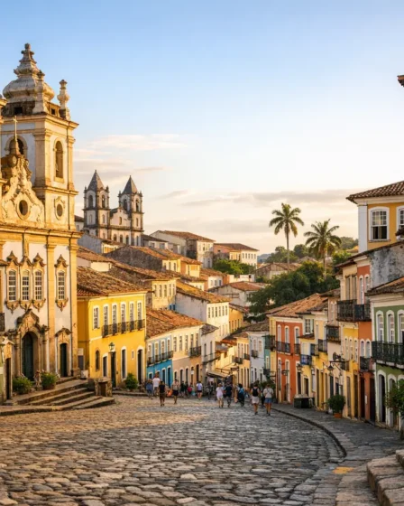 Curiosidades Sobre Cidades da Bahia Que Revelam um Estado Desconhecido Vista panorâmica de cidade histórica da Bahia com arquitetura colonial colorida e ruas de pedra sob luz natural dourada
