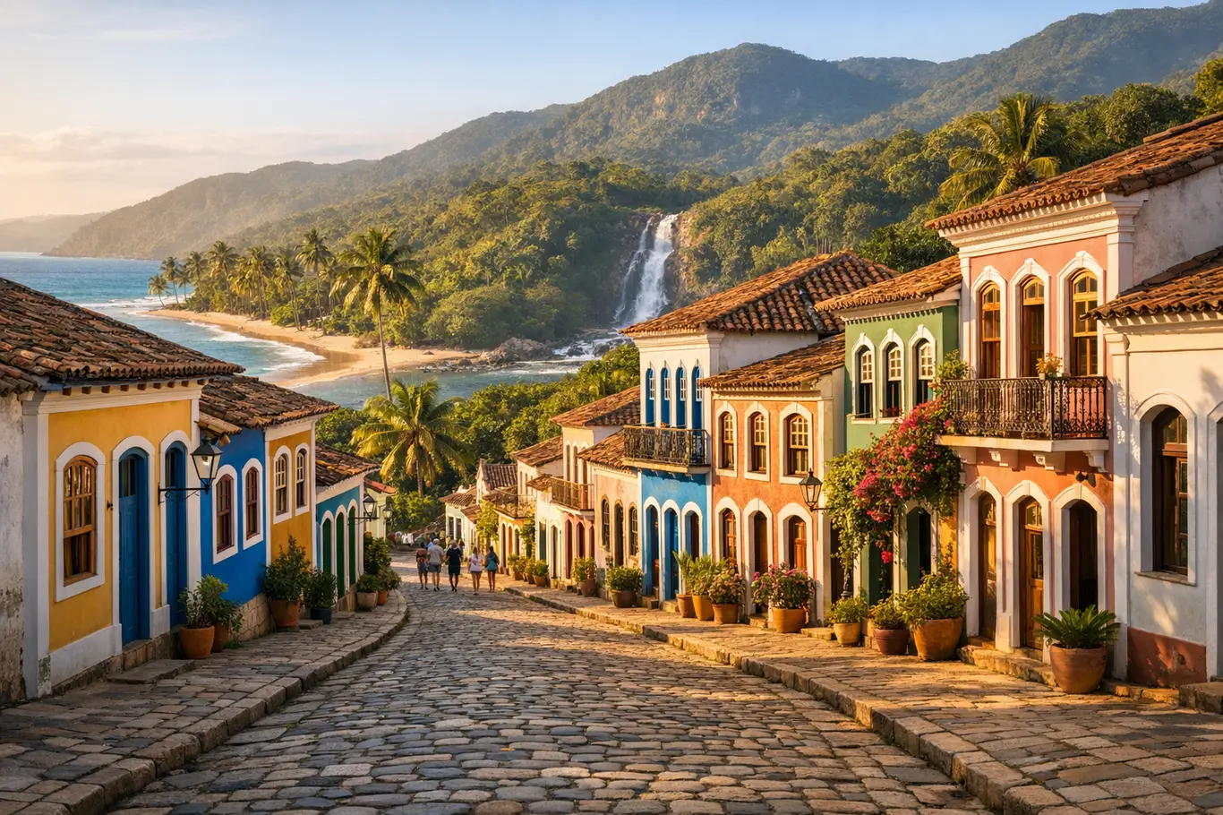 Cidades Encantadoras da Bahia para Roteiros entre Praias, Cachoeiras e Casarios Rua de paralelepípedos com casarios coloniais coloridos em cidade histórica da Bahia ao pôr do sol