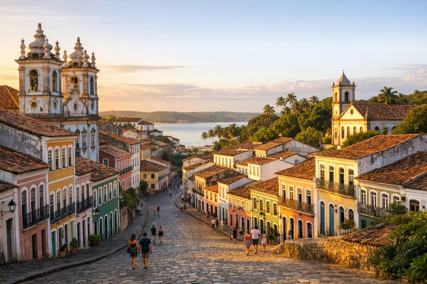 Beleza de Cinema: 7 Cidades da Bahia Que Parecem Cenário de Filme e Vão Te Encantar Panorama de cidade histórica na Bahia ao entardecer com arquitetura colonial colorida e ruas de pedra