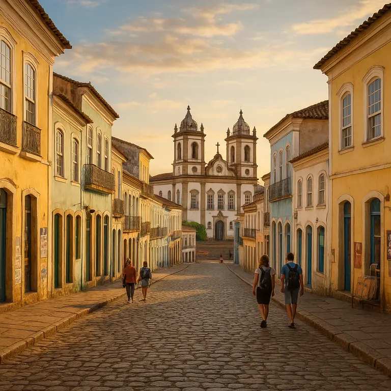 Rua de pedras em Cachoeira com sobrados coloniais coloridos e larga visão de igrejas históricas ao fundo