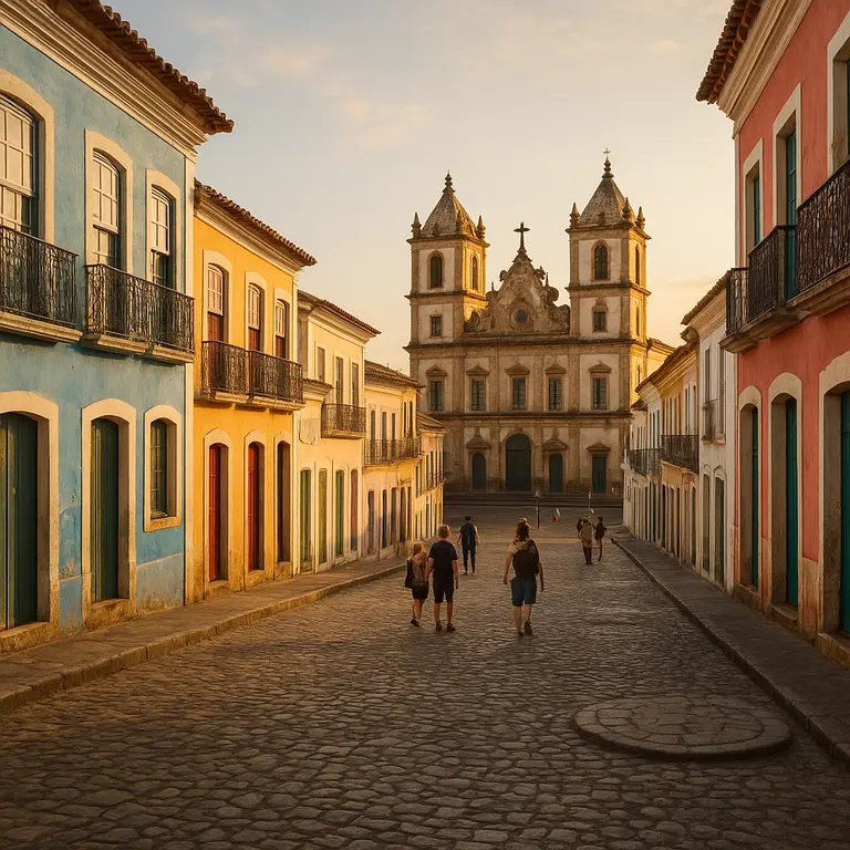 Rua de pedra com casarões coloniais coloridos na cidade histórica do Recôncavo Baiano ao entardecer