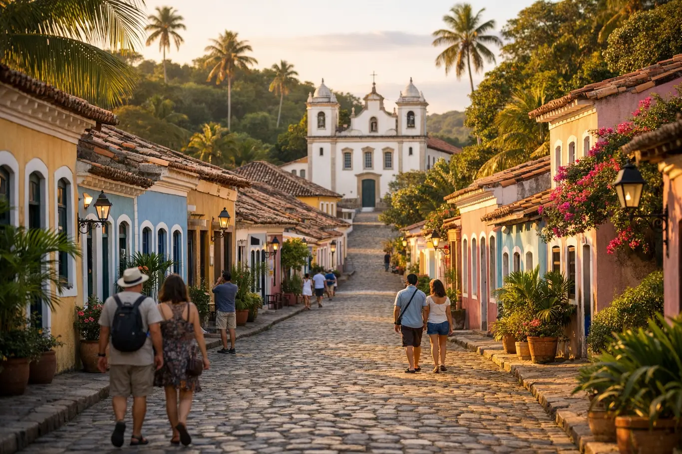7 Cidades Pequenas da Bahia Para Desacelerar, Fotografar e Provar Sabores Cidade pequena da Bahia ao entardecer com arquitetura colonial colorida e ruas de paralelepípedo