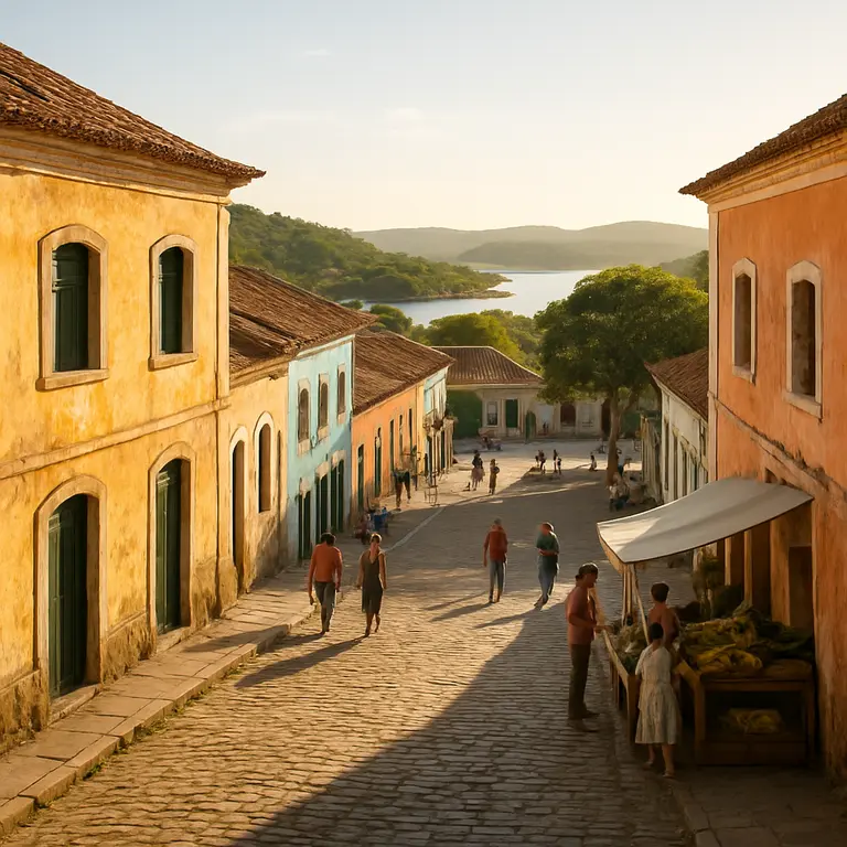 Vista panoramica de cidade pequena da Bahia ao entardecer com ruas de calçamento antigo e casas coloridas