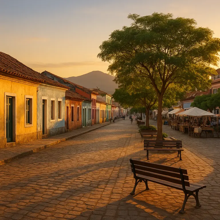 Rua principal de cidade pequena na Bahia com casas coloridas e vegetação