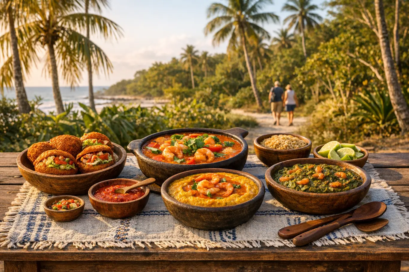 Comidas Tradicionais da Bahia Que Contam Histórias, Sabores e Roteiros Mesa rustica ao ar livre com acaraje moqueca vatapa e caruru na Bahia
