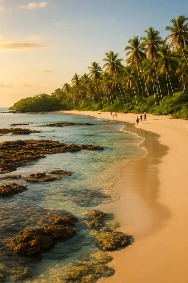 Praia paradisíaca da Costa do Dendê em Boipeba com areia branca, águas cristalinas e coqueirais ao entardecer