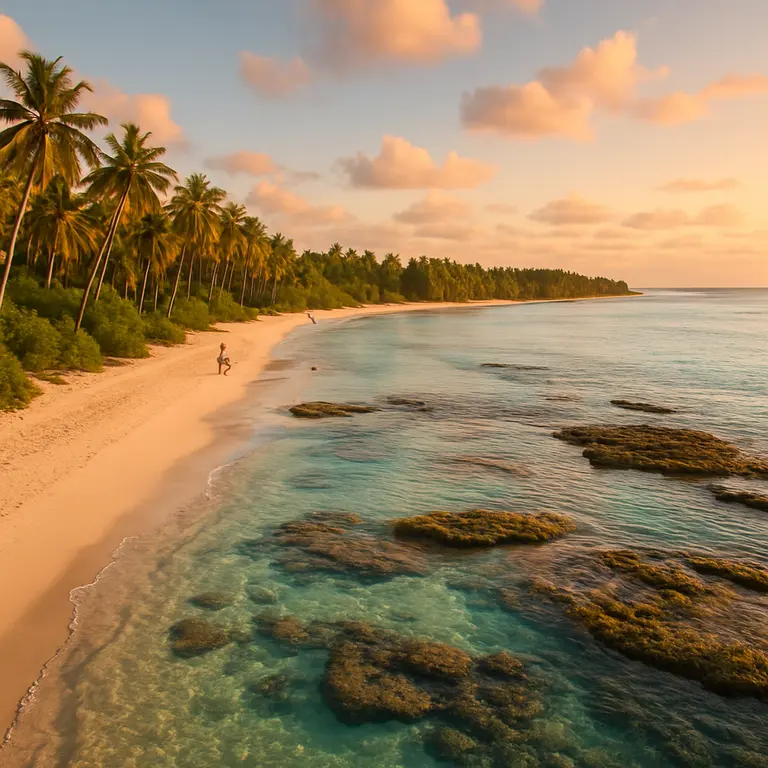 Vista ampla da Costa do Dendê na Bahia com praias longas de areia clara, coqueirais, mangues e recifes sob águas cristalinas ao entardecer