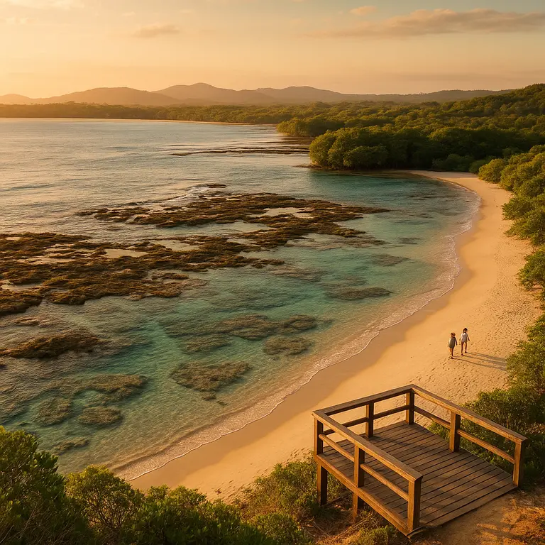 Praia com coqueiros e um pôr do sol vibrante na Bahia