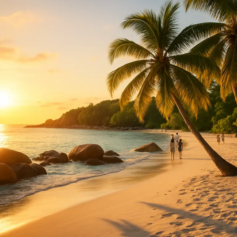 Vista panoramica de praia com coqueiros e cachoeira ao fundo na Bahia