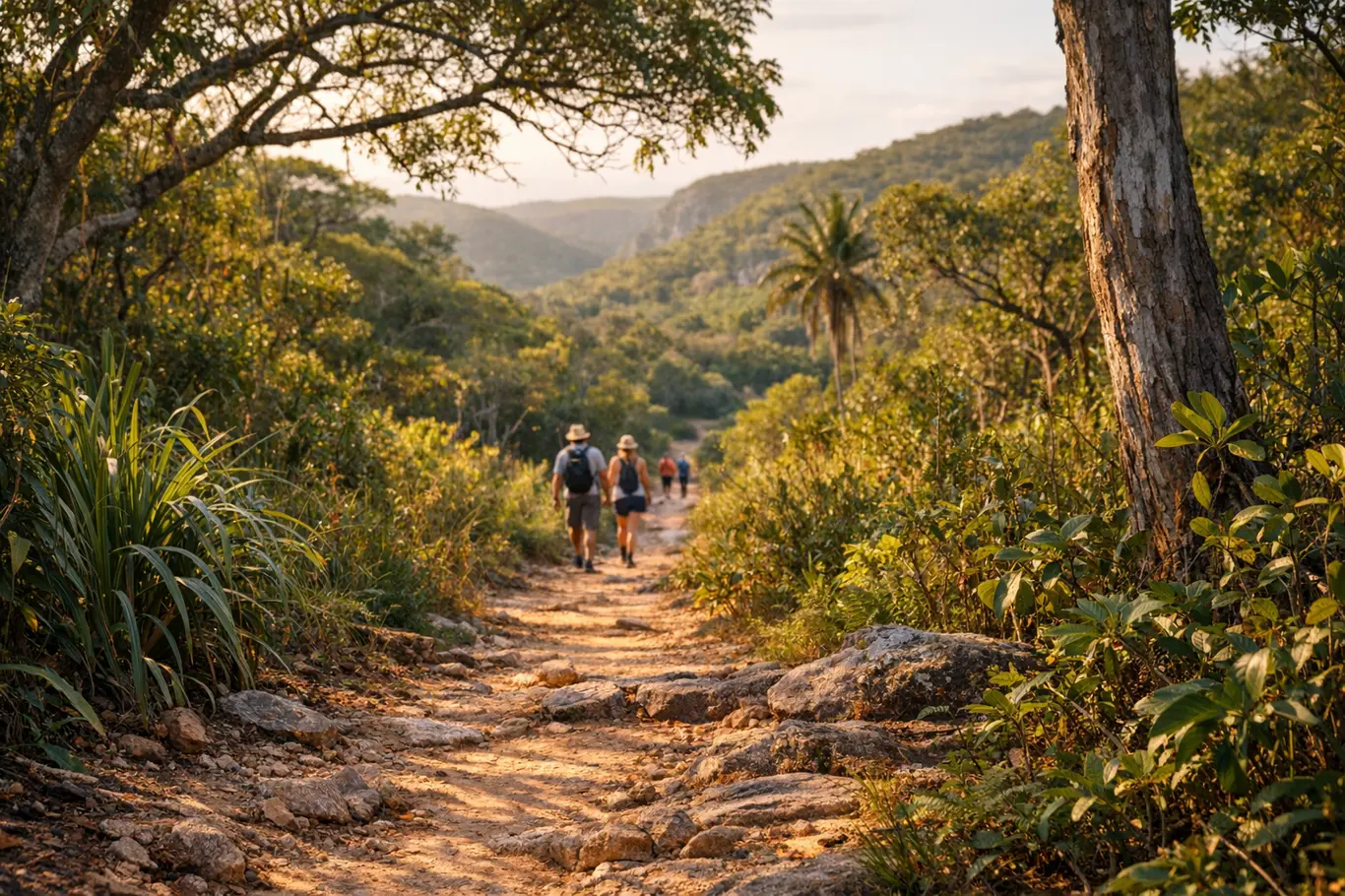 Eco-Turismo: Explore os Destinos Naturais Pouco Explorados na Bahia e Renove Suas Energias Trilha cercada por vegetação exuberante na Bahia com turistas ao longe
