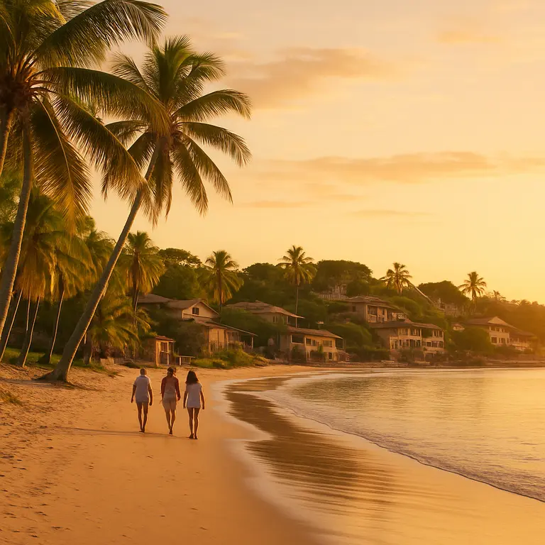 Casal caminhando de mãos dadas na praia deserta da Bahia ao pôr do sol