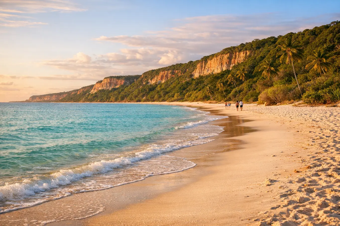 10 Destinos Surpreendentes no Litoral da Bahia e Praias Pouco Conhecidas Praia pouco conhecida no litoral da Bahia ao entardecer com falésias verdes e água cristalina