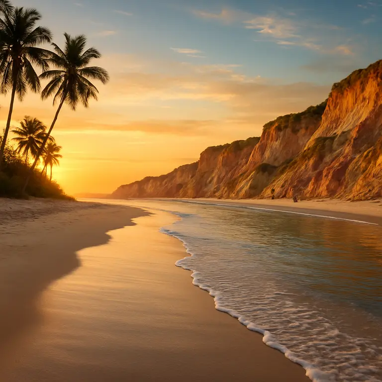 Enseada tranquila na Bahia ao entardecer com coqueiros em silhueta e falésias coloridas ao fundo