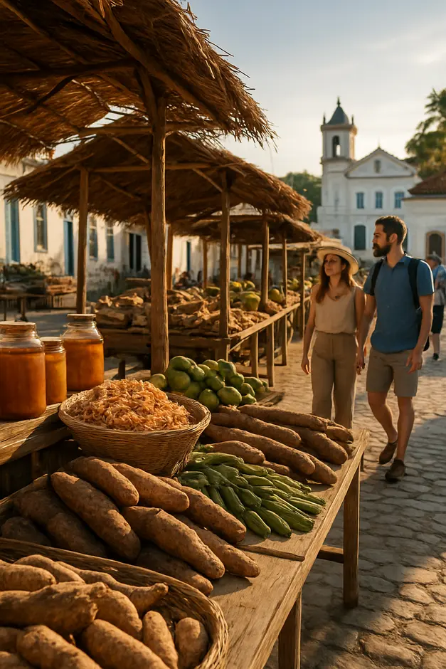 Banca rústica em feira baiana ao ar livre mostrando azeite de dendê em potes artesanais, camarão seco, macaxeira e maxixe com turistas ao fundo