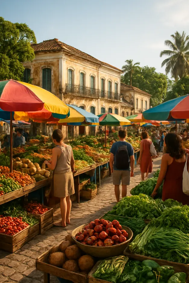Feira livre típica da Bahia com barracas coloridas, ingredientes frescos como pimentas e dendê, arquitetura colonial e vegetação tropical ao fundo, turistas explorando o local no fim de tarde