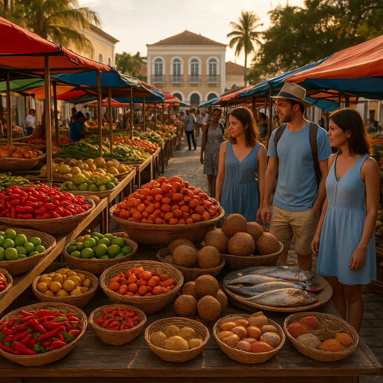 Feira tradicional da Bahia ao ar livre com barracas coloridas exibindo pimentas, dendê, cocos, peixes e temperos variados em textura realista