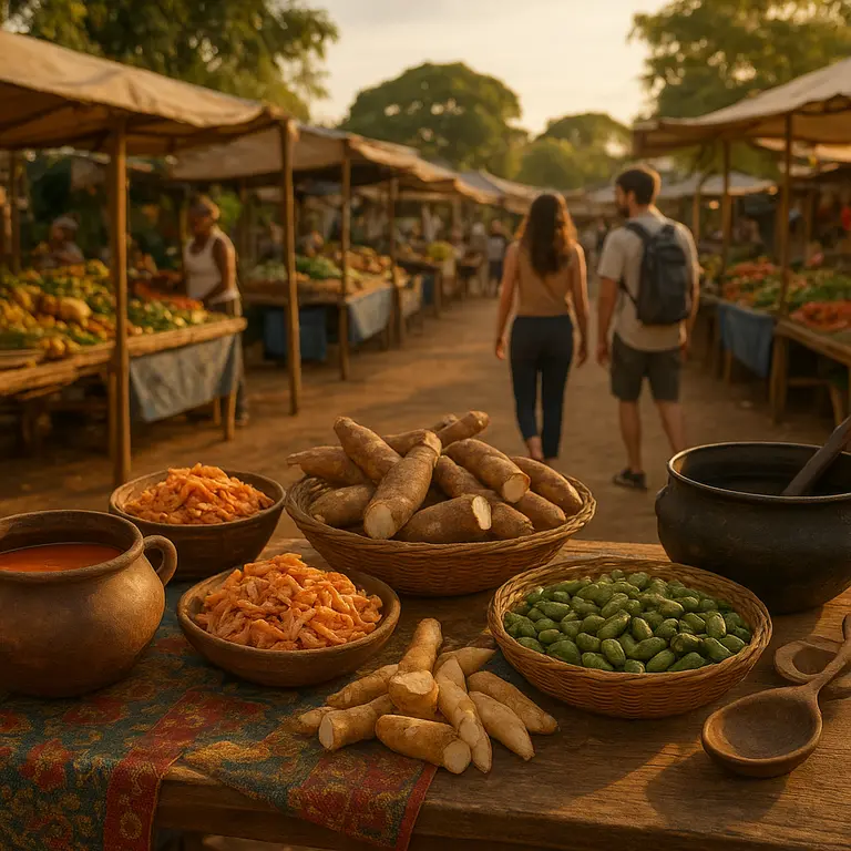 Bancas coloridas de ingredientes tipicos baianos como azeite de dende artesanal camarão seco macaxeira e maxixe em feira ao ar livre