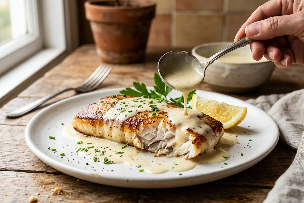Filé de pescado ao molho branco com truque para molho liso e peixe suculento Filé de pescado ao molho branco com truque para molho liso e peixe suculento