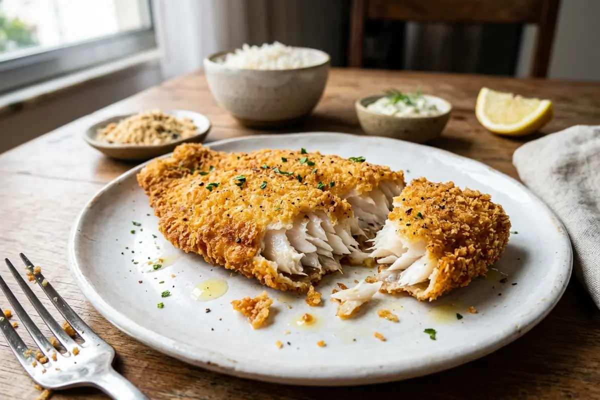 Filé de tilápia empanado com parmesão na farinha de rosca crosta crocante sem erro Filé de tilápia empanado com parmesão na farinha de rosca crosta crocante sem erro