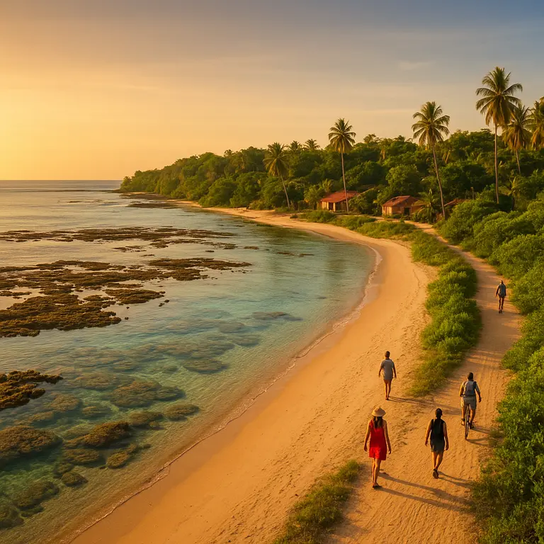 Paisagem da Ilha de Boipeba na Bahia ao entardecer com praias de areia branca, piscinas naturais de recifes e mangues verdes