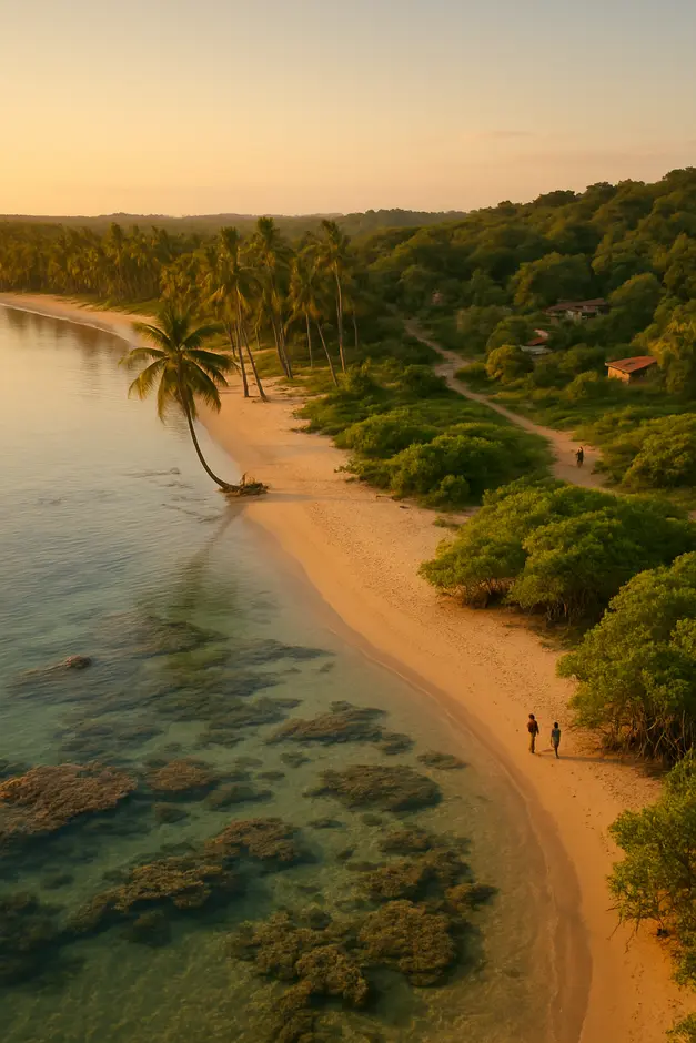 Praia Deserta com Areia Branca, Coqueiros e Manguezais na Ilha de Boipeba ao Entardecer