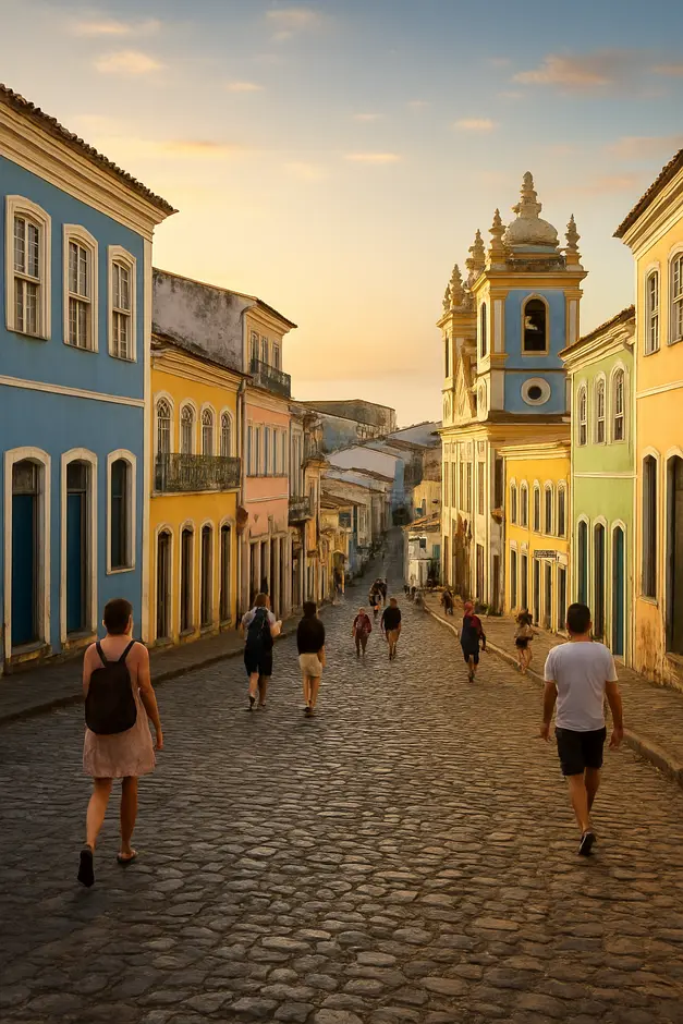 Ladeiras do Centro Historico de Salvador com arquitetura colonial colorida ao entardecer
