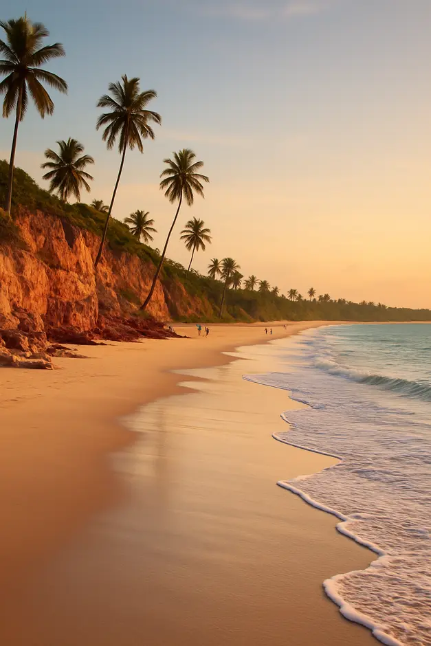 Vista aérea da linha costeira da Bahia ao entardecer com praia deserta, falésias coloridas e coqueiros ao fundo