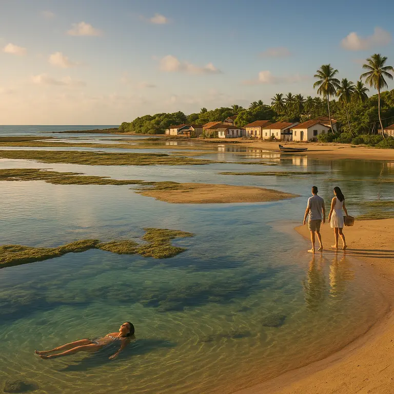 Vista panorâmica do litoral secreto da Bahia ao fim de tarde com bancos de areia emergentes e piscinas naturais cristalinas