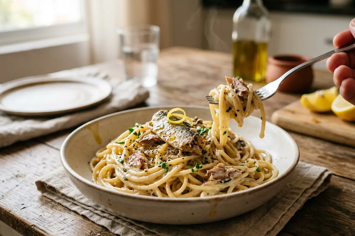 Macarrão com sardinha e creme de leite o truque da sardinha frita para molho cremoso Macarrão com sardinha e creme de leite o truque da sardinha frita para molho cremoso
