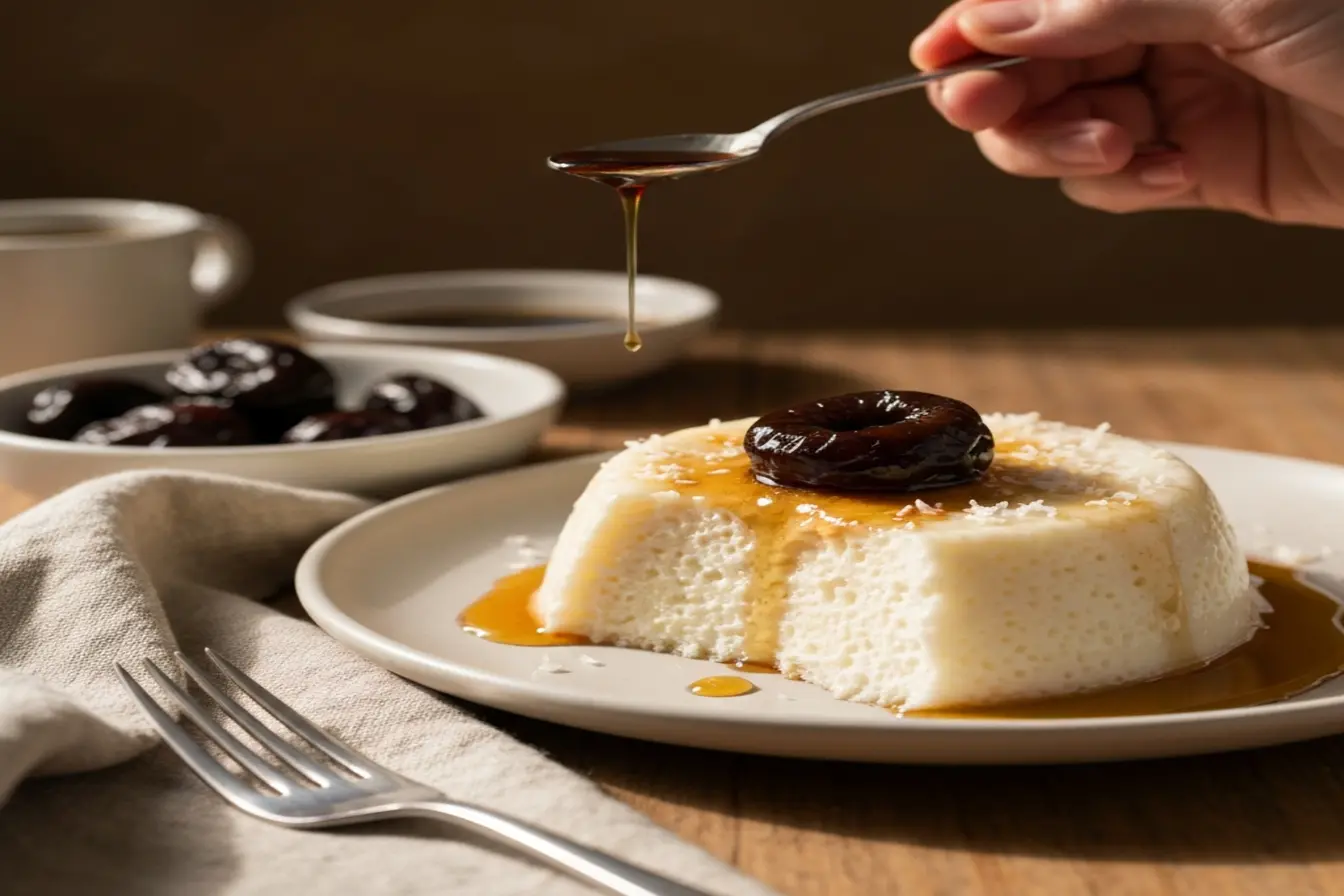 Manjar de coco branco com calda de ameixa: clássico leve e barato Manjar de coco branco com calda de ameixa: clássico leve e barato