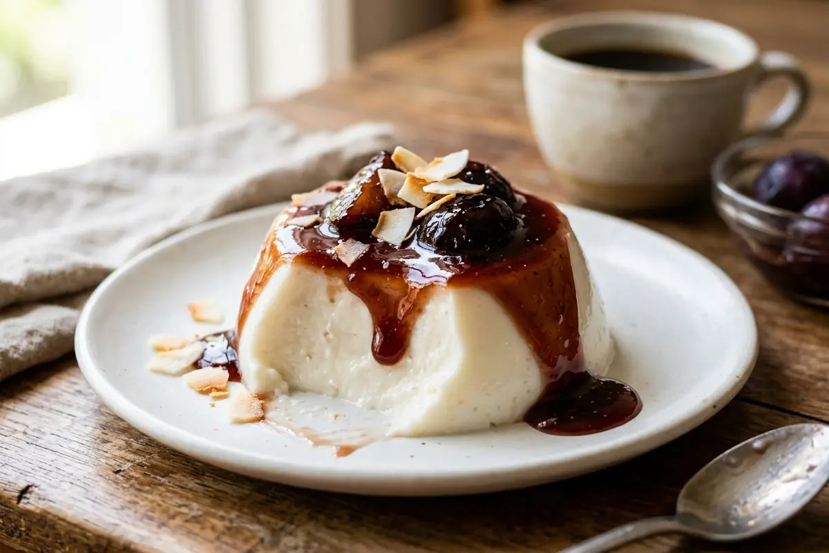 Manjar de coco com calda de ameixa sem erro com coco queimado e textura lisinha Manjar de coco com calda de ameixa sem erro com coco queimado e textura lisinha